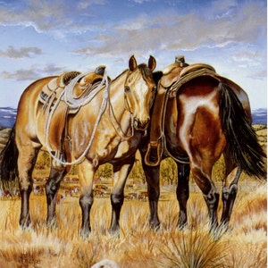 May include: An oil painting depicts two horses in a field, saddled and ready. The horses are a light brown color with dark manes and tails. The background shows a blue sky with clouds and a herd of cattle.