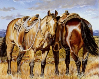 May include: An oil painting depicts two horses in a field, saddled and ready. The horses are a light brown color with dark manes and tails. The background shows a blue sky with clouds and a herd of cattle.