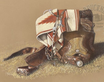 Signed Print of Tooled Leather Western Saddle & Blanket ~ Very Detailed Realism ~ Western Art Print - Cowboy Art ~ Unframed Print