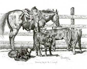 May include: Black and white pen and ink drawing of a horse with a saddle, standing next to several calves. One calf is lying down. The scene is set near a wooden fence. The text reads "Branding Day at the L Lazy E".