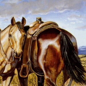May include: An oil painting depicts two horses, one light brown and the other dark brown, with a saddle. The light brown horse faces the viewer, while the dark brown horse is seen from the rear. The scene is set in a field under a cloudy sky.