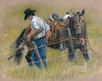 Cowboy and Quarter Horse  Print from Colored Pencil Drawing - B Bruckner
