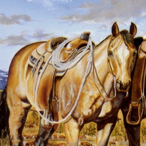 May include: An oil painting depicts a tan horse with a saddle and rope. The horse is in a field with a blue sky and clouds in the background. The saddle is brown and the rope is white. The horse is facing the viewer.