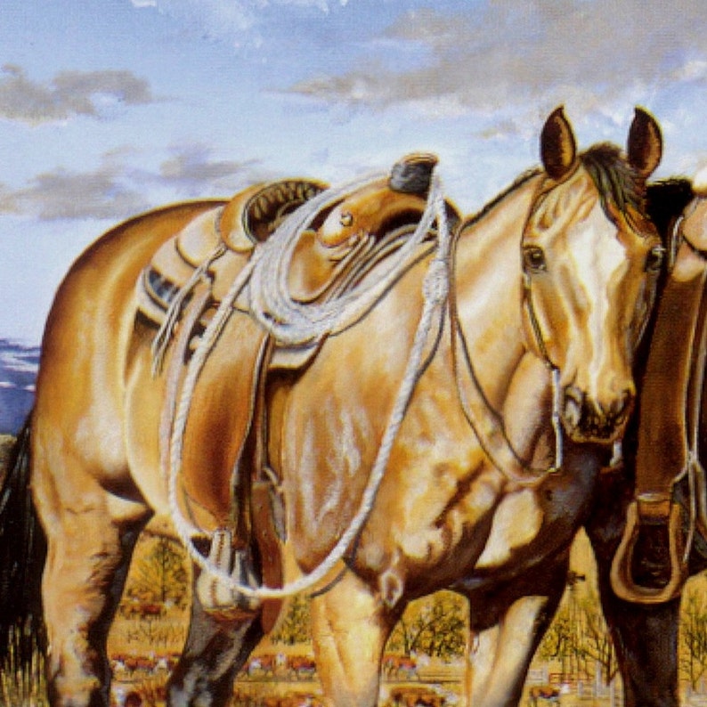 May include: An oil painting depicts a tan horse with a saddle and rope. The horse is in a field with a blue sky and clouds in the background. The saddle is brown and the rope is white. The horse is facing the viewer.