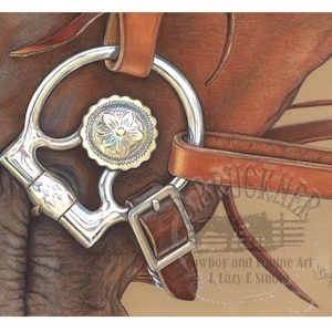 May include: Close-up of a horse's bridle, featuring a silver bit with a floral design and brown leather straps. The artwork is a detailed illustration of equestrian equipment, showcasing the textures and colors of the materials.