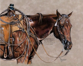 May include: A detailed drawing of a brown horse with a saddle and bridle. The horse is facing right, with the saddle and rope draped over its back. The artwork is set against a neutral background.