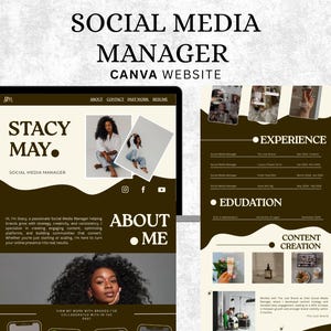 May include: A digital resume template for a social media manager, featuring a website design with the name "Stacy May." The design includes sections for experience, education, and content creation, with a neutral color palette.