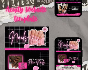 May include: A pink and black website template for a nail salon called "Nails by Kayla". The template features images of manicured nails, a pink heart, and the text "Welcome to my booking site" and "New Month, New Nails".