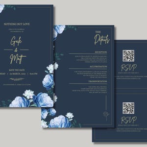 Navy Blue and Yellow Gold Wedding Invitation Template Bundle with Peony Flower Design, Floral Wedding  Invitation Template Bundle, Editable
