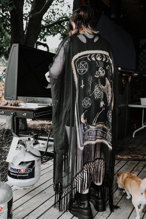 Goth Tarot Kimono | Black Witchy Cover Up with Fringes Swim + Summerween + Goth Girl Summer + Oversized and boho