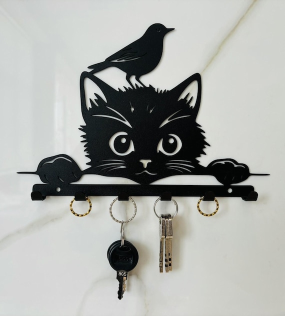 Cat Key Holder: Metal Wall Decor With Bird Hooks