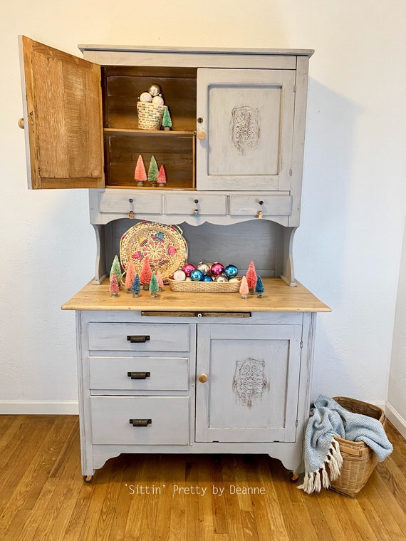 Antique Hoosier Cabinet Gray And Wood With Carved Details Etsy