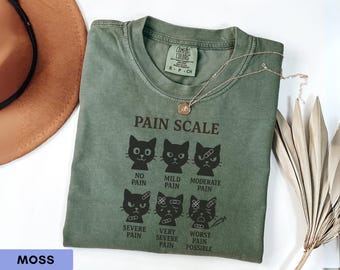 May include: Moss green t-shirt with a graphic of six black cat faces illustrating a pain scale from "no pain" to "worst pain possible." The shirt has a Comfort Colors tag and a gold necklace. A brown hat and dried plant are in the background.