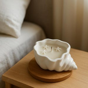 Op de afbeelding: Witte keramische schelpvormige kaarshouder met drie witte wassterren erop. De kaarshouder staat op een houten oppervlak.