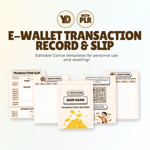 Könnte beinhalten: Eine Sammlung von beigefarbenen und braunen Vorlagen für E-Wallet-Transaktionsaufzeichnungen und -belege. Die Vorlagen enthalten Felder für Absender, Empfänger und Transaktionsdetails. Der Text "E-WALLET TRANSACTION RECORD & SLIP" wird in großen, fetten Buchstaben angezeigt.