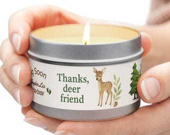 Personalized Woodland Baby Shower Candle Favor, Rustic Thank You Gift