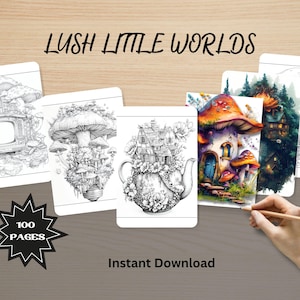 100 Fantasy Coloring Pages - Enchanted Worlds in Lightbulbs, TVs & Teapots - Whimsical Coloring Gift for Adults and Kids - Digital Download