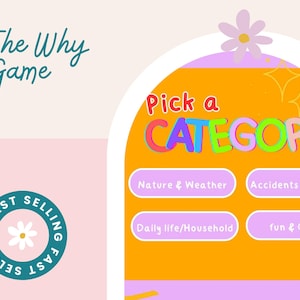 Puede incluir: Un tablero de juego colorido con el texto "Pick a CATEGORY" y cuatro botones: "Nature & Weather", "Accidents & Mishaps", "Daily life/Household" y "fun & Games".