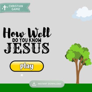 May include: A digital graphic with the text "How Well Do You Know Jesus" in black, with a yellow "play" button. A small tree and cloud are on the right, with a green banner that says "Christian Game" at the top.