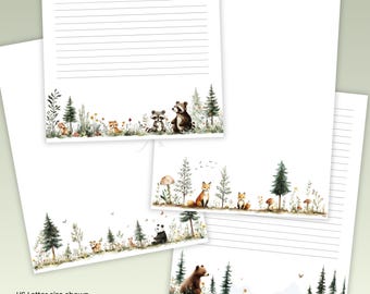Woodland Forest Animal Stationery Printable Letter Writing Paper Lined Unlined Digital Download A4 US
