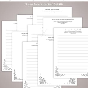 Könnte beinhalten: Eine Sammlung von druckbaren Briefpapieren mit floralen Eckdesigns. Die Papiere sind in 4 Größen und 9 Designs erhältlich und sind liniert oder unliniert. Das Set enthält den Text "9 New Tracts inspired Set #6" und den Text "US Letter size shown."