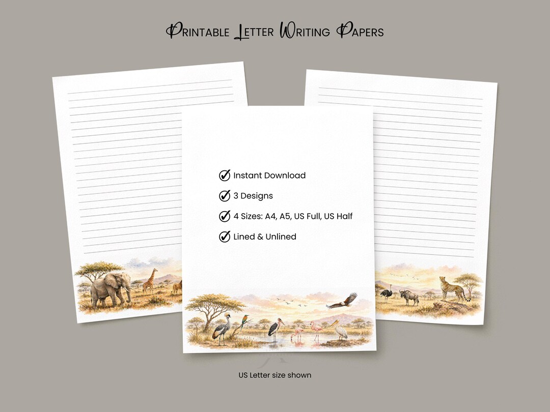Savanna Safari Animal Stationery Printable Letter Writing Paper Lined ...