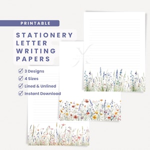 Borde de flores silvestres n.° 2 Papel de papelería imprimible para escribir cartas, con y sin líneas, membrete, descarga instantánea en PDF, papelería del Ministerio JW