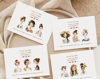 May include: Four printable greeting cards with watercolor illustrations of women. Each card features the text "We See You, Sister" and a related quote. The cards are available in three sizes and four designs.