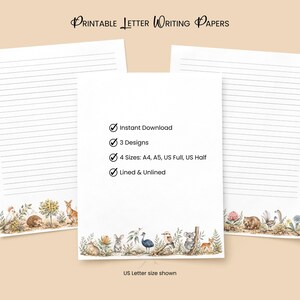 May include: Printable letter writing papers with lined pages and a decorative border featuring animal illustrations. Available in four sizes: A4, A5, US Full, and US Half. The image shows the US Letter size.