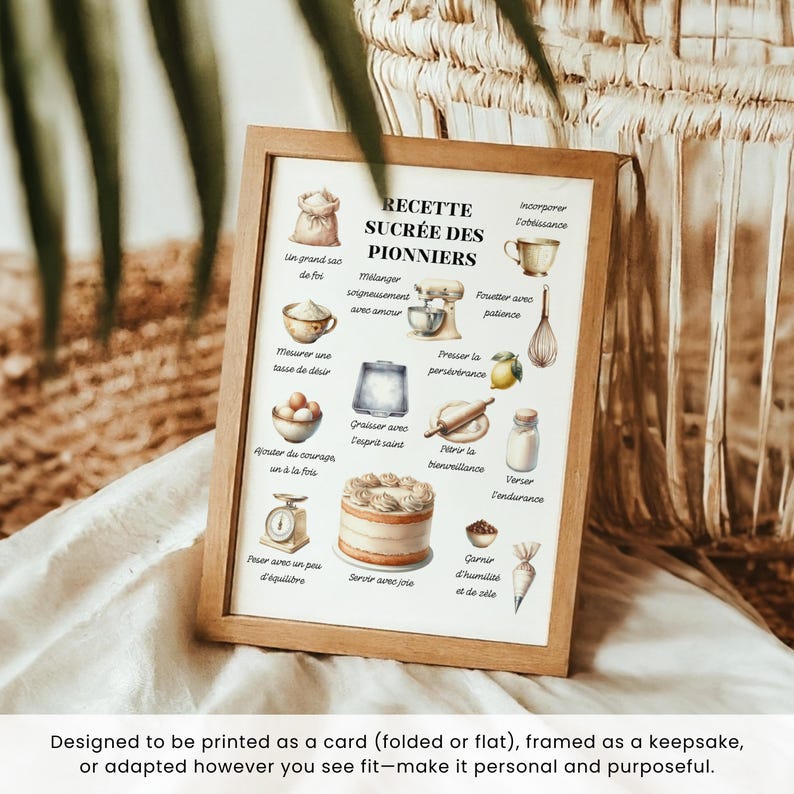 Pu&ograve; includere: Una stampa incorniciata con una cornice in legno con un'illustrazione ad acquerello di una ricetta vintage. La ricetta &egrave; intitolata "RECETTE SUCR&Eacute;E DES PIONNIERS" e include illustrazioni e testo relativi alla cottura. La stampa &egrave; esposta su uno sfondo neutro.