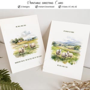 Tarjeta de despedida de los testigos de Jehová (TJ) imprimible con tema de rebaño de ovejas, "Te extrañaremos", ánimo, regalo para la congregación, descarga digital en PDF