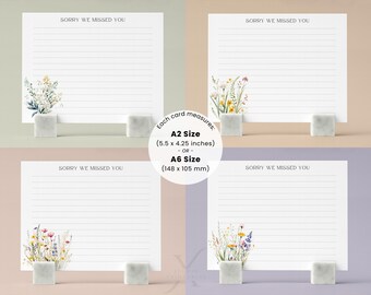 Tarjetas de notas florales imprimibles de "Lo sentimos, no te encontramos" (descarga digital) Ministerio JW con líneas y sin líneas