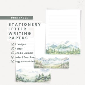 Papel de carta imprimible con paisaje de montañas, papel con y sin rayas, membrete, descarga instantánea en PDF, papelería ministerial