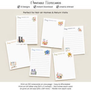 Pode incluir: Cartões de notas imprimíveis com designs florais e ilustrados. Cada cartão apresenta o texto "Sorry I Missed You". O conjunto inclui 12 designs, disponíveis para download instantâneo, com e sem linhas. Os cartões medem 7,6 x 10,2 cm cada.