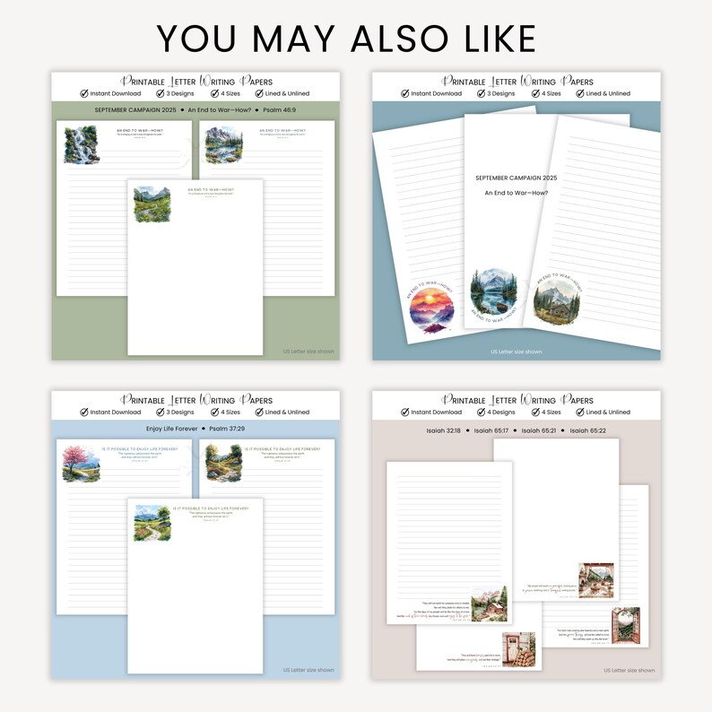 Puede incluir: Colecci&oacute;n de papeles para escribir imprimibles con varios dise&ntilde;os. Cada conjunto incluye opciones con y sin l&iacute;neas, con temas como paisajes y citas inspiradoras. Los papeles est&aacute;n disponibles en 4 tama&ntilde;os y son de descarga instant&aacute;nea.
