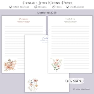 May include: Printable letter writing papers with lined and unlined options. The design includes floral accents and the text "Memorial 2026" and "Einladung". Available in 4 sizes and 3 designs. US Letter size shown.
