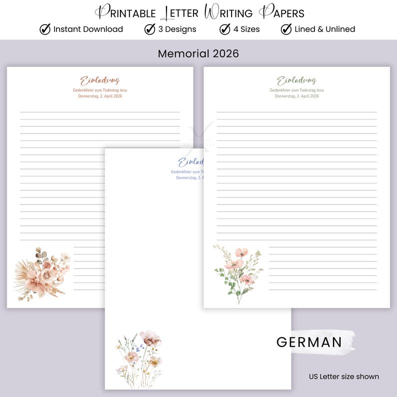 May include: Printable letter writing papers with lined and unlined options. The design includes floral accents and the text "Memorial 2026" and "Einladung". Available in 4 sizes and 3 designs. US Letter size shown.