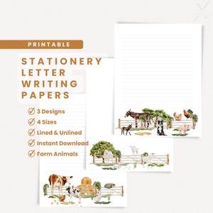 Papel de carta para impressão de animais de fazenda, papel timbrado pautado e sem pauta, download instantâneo em PDF, papelaria do ministério