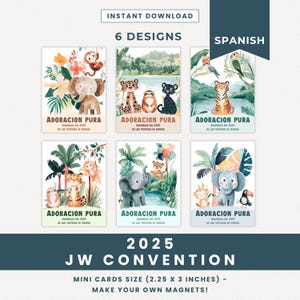 Spanische JW Convention Geschenke 2025 Reine Anbetung Druckbare Karten Mini Machen Sie Ihre eigenen Magnete JW Printable Spezielle Konvention regionale Dschungel