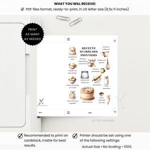 Pu&ograve; includere: Un PDF stampabile con una ricetta francese, "Recette Sucr&eacute;e des Pionniers", con illustrazioni di pasticceria. Il documento &egrave; in formato US letter (21,6 x 27,9 cm) ed &egrave; progettato per essere stampato su cartoncino. Il testo "Stampa tutte le volte che vuoi" &egrave; incluso.
