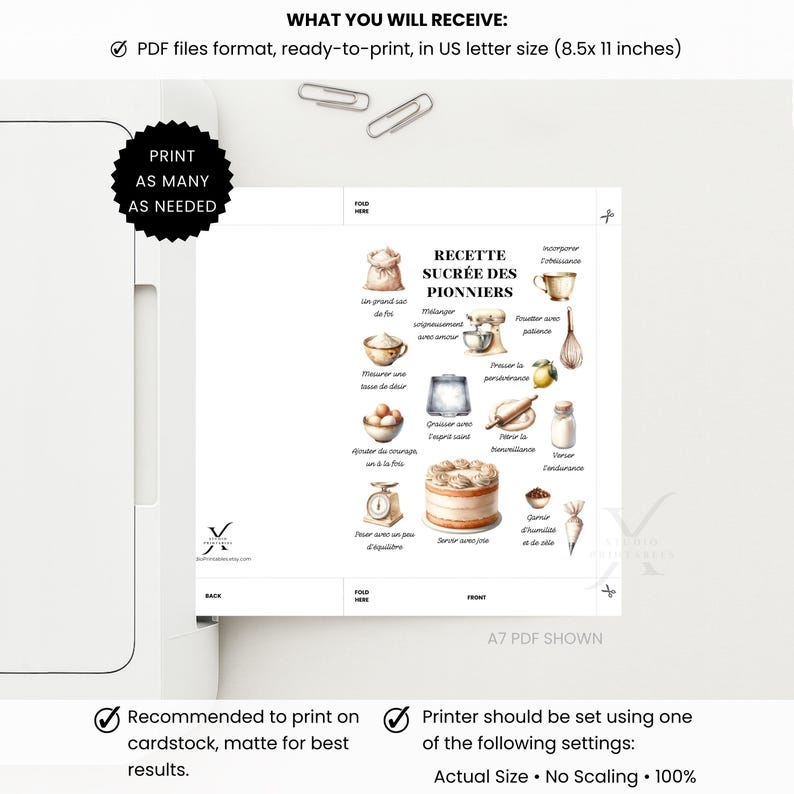 Pu&ograve; includere: Un PDF stampabile con una ricetta francese, "Recette Sucr&eacute;e des Pionniers", con illustrazioni di pasticceria. Il documento &egrave; in formato US letter (21,6 x 27,9 cm) ed &egrave; progettato per essere stampato su cartoncino. Il testo "Stampa tutte le volte che vuoi" &egrave; incluso.
