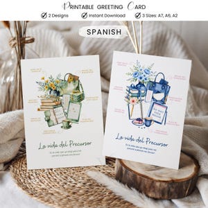 Puede incluir: Dos tarjetas de felicitación imprimibles con ilustraciones de acuarela. Una tarjeta presenta una bolsa verde, libros y flores. La otra tarjeta muestra una bolsa azul, libros y flores. El texto en las tarjetas dice "La vida del Precursor" y "No Hay Vida Mejor".