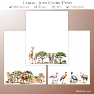 Safari Animals Letter Writing Printable Stationery Paper Lined and Unlined Letterhead Digital Download PDF Ministry Stationery A4 US