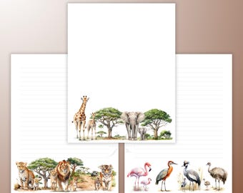 Safari Animal Stationery Printable Letter Writing Paper Lined Unlined (Digital Download) A4 US