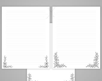 Floral Letter Writing Paper Stationery Black & White Lined/Unlined (PDF Digital Download)