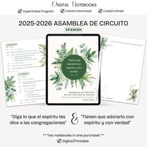 Puede incluir: Cuadernos digitales para la Asamblea de Circuito española 2025-2026, con un diseño floral. Incluye opciones con y sin líneas y descarga instantánea. Los cuadernos son digitales e imprimibles.