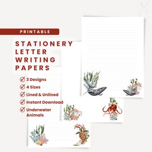 Cartas sobre animais subaquáticos para impressão, papel timbrado pautado e sem pauta, download instantâneo em PDF, papelaria do ministério