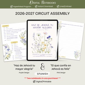 May include: A digital notebook for the 2026-2027 Circuit Assembly displayed on a tablet screen, featuring a floral cover with the text Haz de Jehová tu mayor alegría and Salmo 37:4, accompanied by two open pages showing schedules and lined paper.