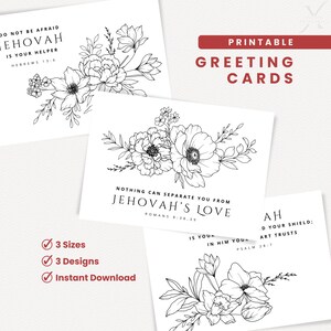 JW Cards druckbare Schrift Grußkarten, christliche Ermutigungskarten, schwarz-weiße Blumenbibelverse, digitaler Sofort-Download PDF