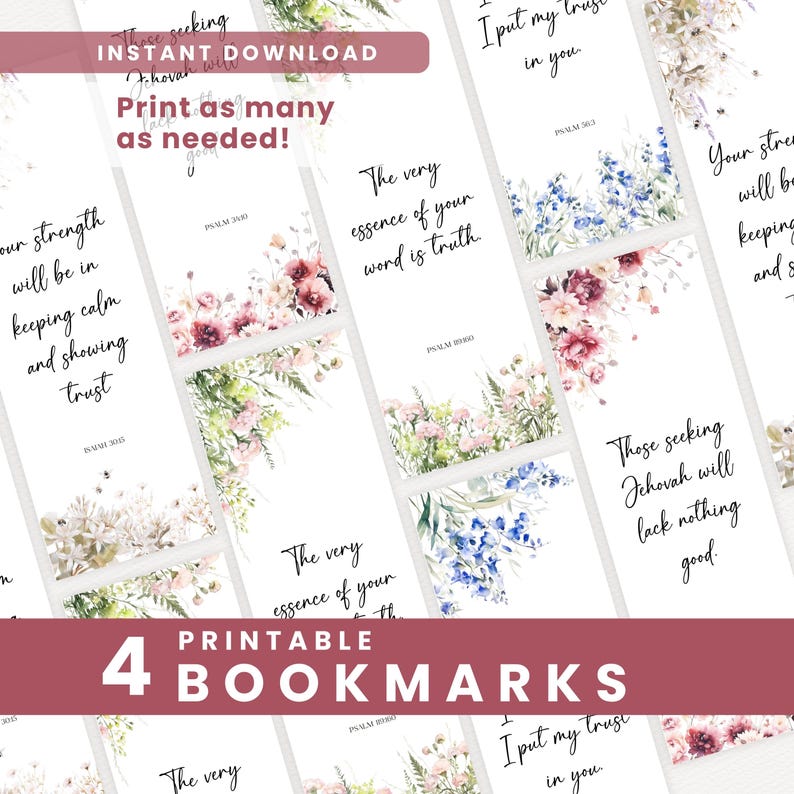 Floral Border Printable Bookmarks Bible Verse Scripture Christian Bookmark Gift Idea Bundle Set ...